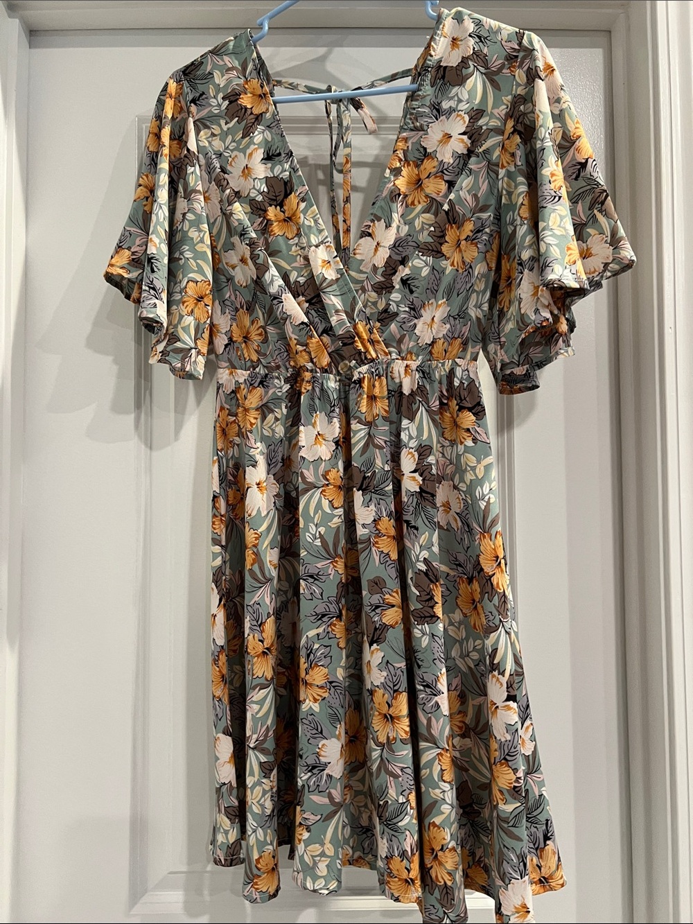 Floral V-Neck Short Sleeve Sundress - Green with Mustard Floral
